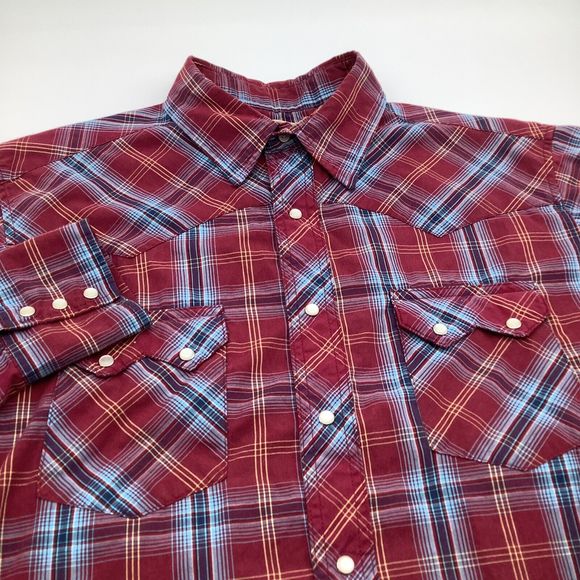 Wrangler Mens Long Sleeve Pearl Snap Shirt Red Plaid Size Large - Picture 1 of 5